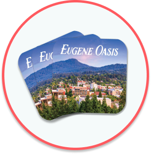 Eugene Oasis Business cards in circle.